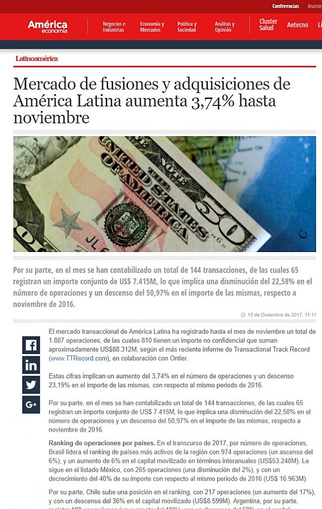 Mercado de fusiones y adquisiciones de Amrica Latina aumenta 3,74% hasta noviembre